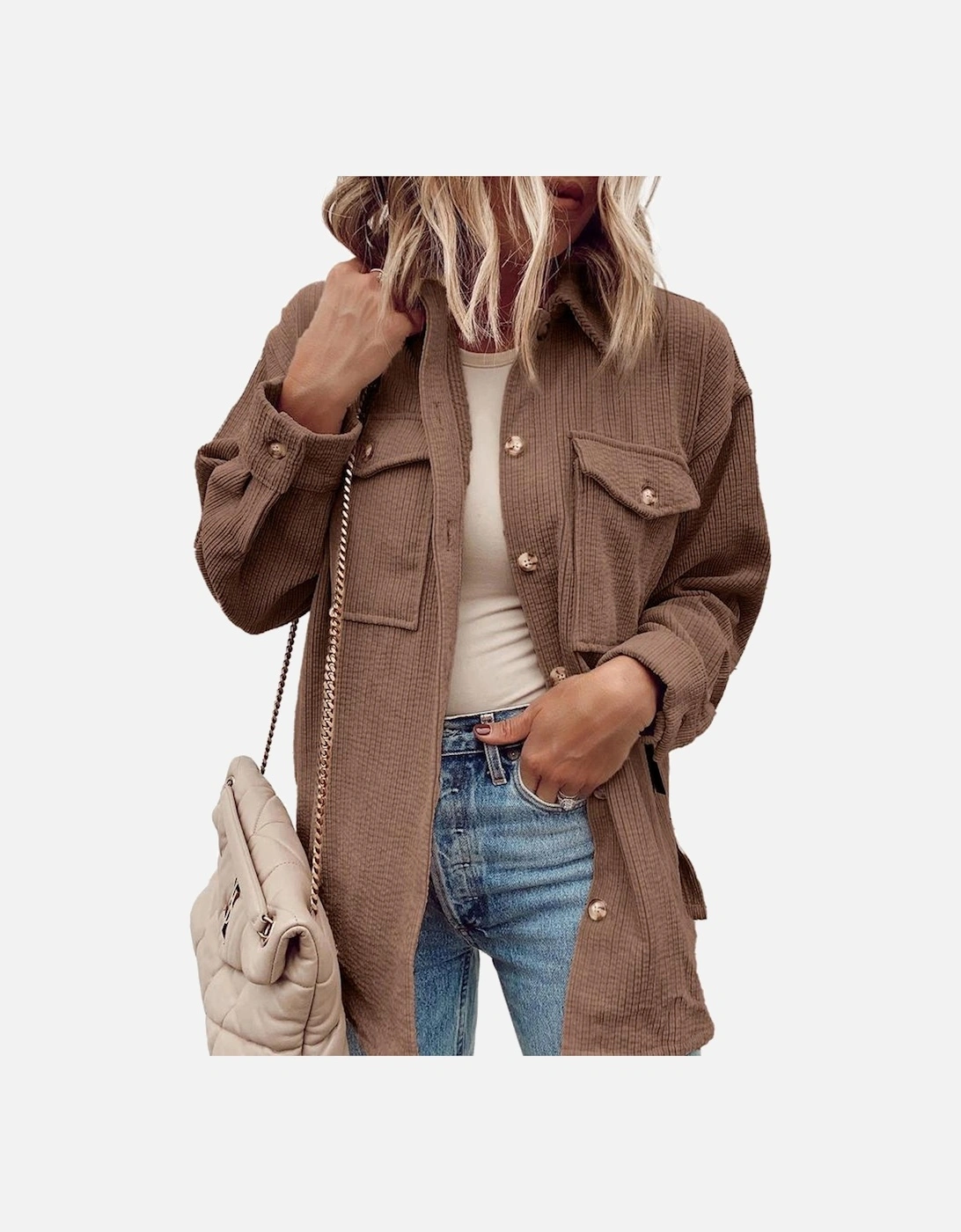 Chestnut Corduroy Flap Pocket Button Up Shacket