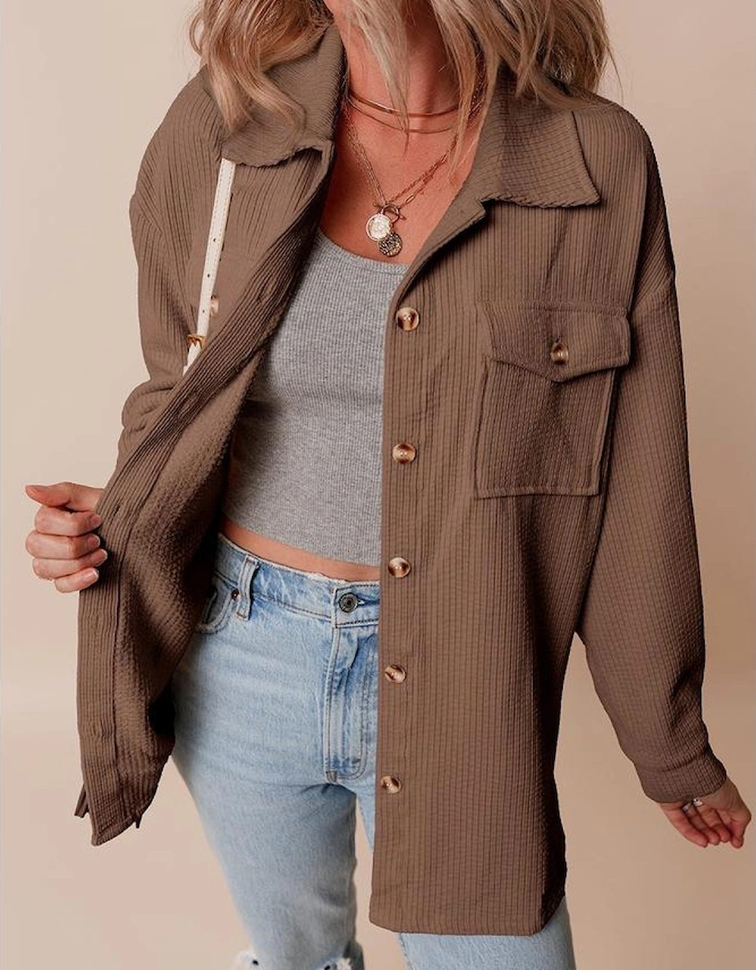 Chestnut Corduroy Flap Pocket Button Up Shacket