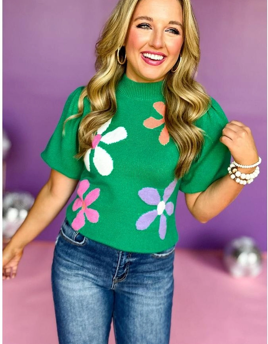 Bright Green Floral Bubble Short Sleeve Sweater
