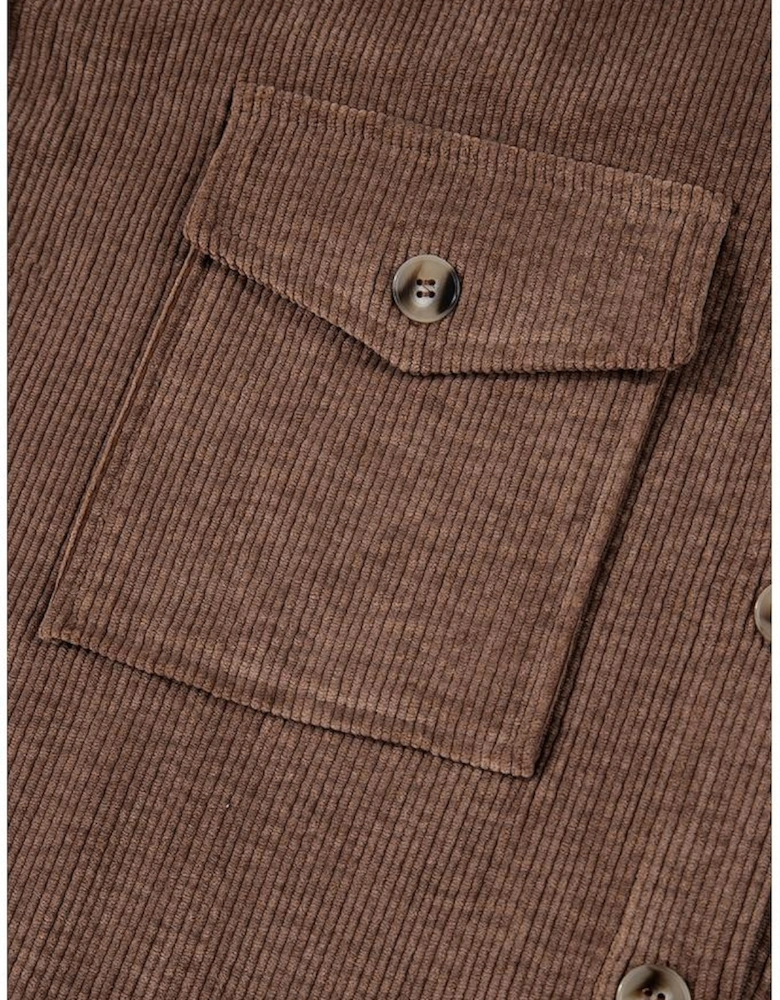 Chestnut Corduroy Flap Pocket Button Up Shacket