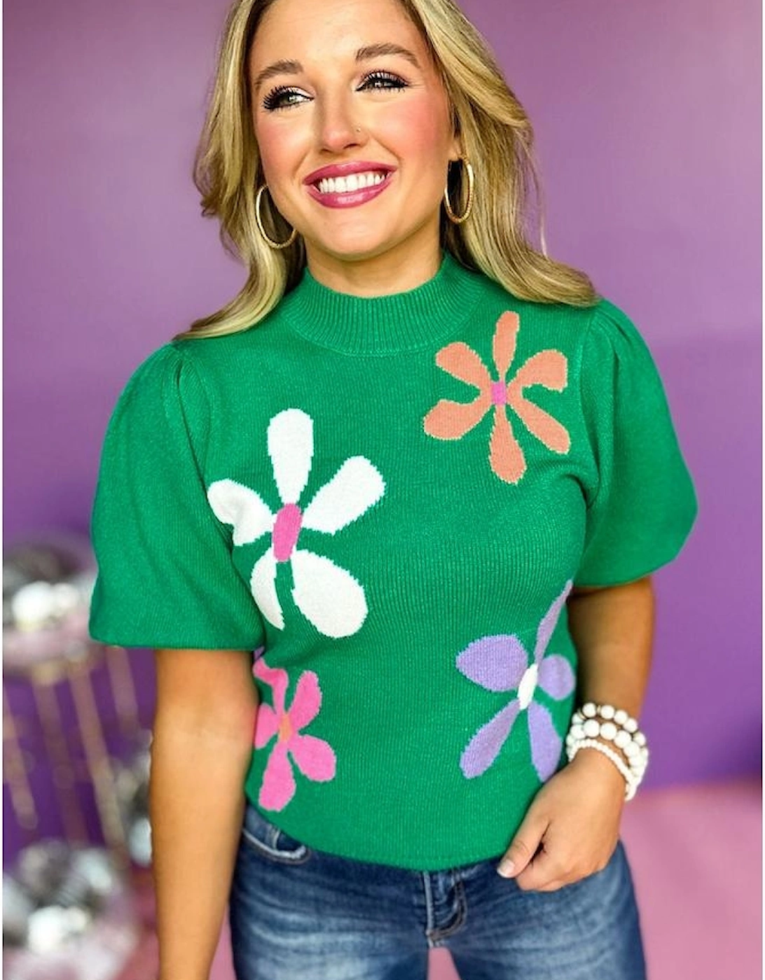 Bright Green Floral Bubble Short Sleeve Sweater