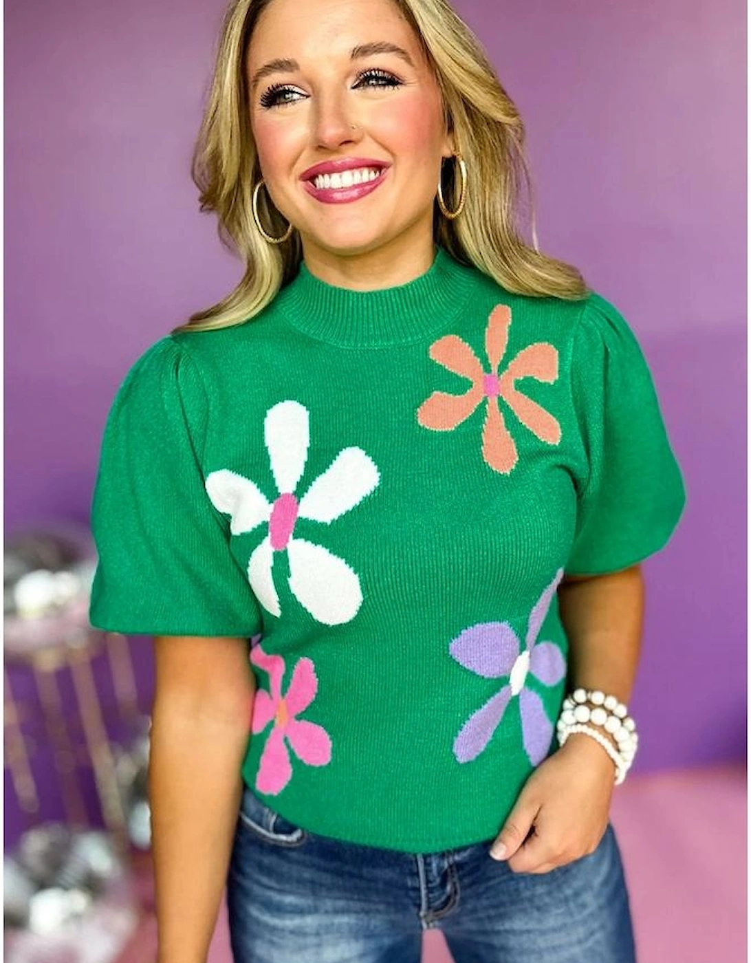 Bright Green Floral Bubble Short Sleeve Sweater, 6 of 5
