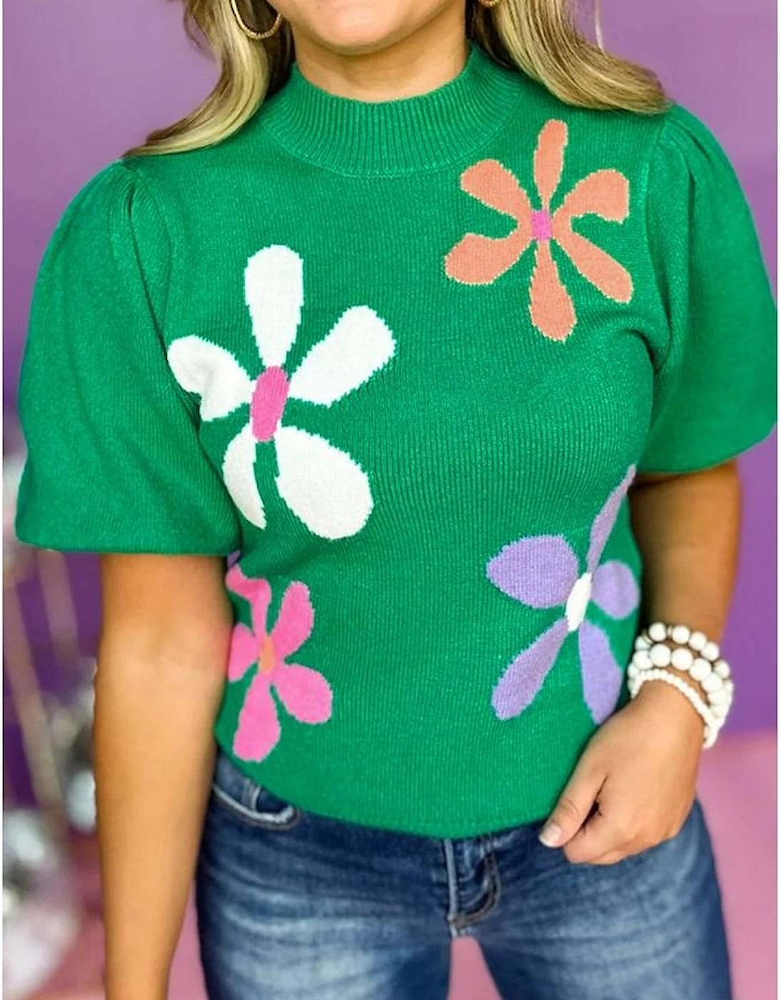 Bright Green Floral Bubble Short Sleeve Sweater