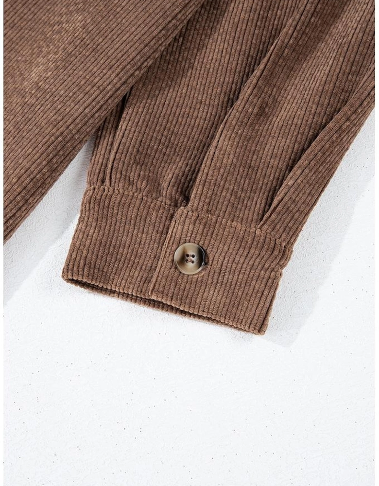 Chestnut Corduroy Flap Pocket Button Up Shacket