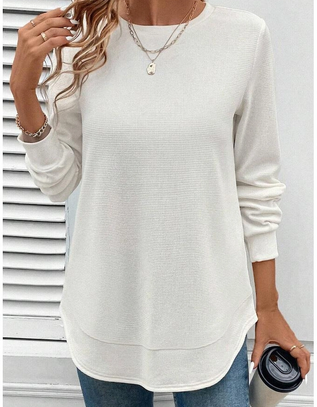 White Rounded Hem Waffle Long Sleeve Top