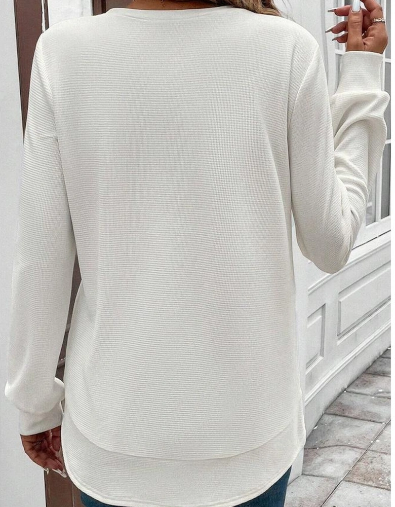 White Rounded Hem Waffle Long Sleeve Top