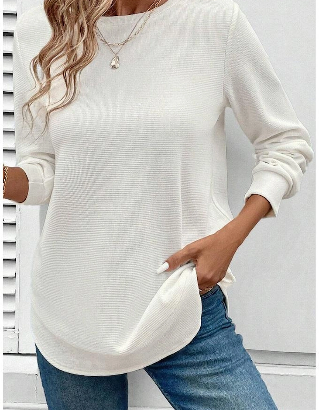 White Rounded Hem Waffle Long Sleeve Top
