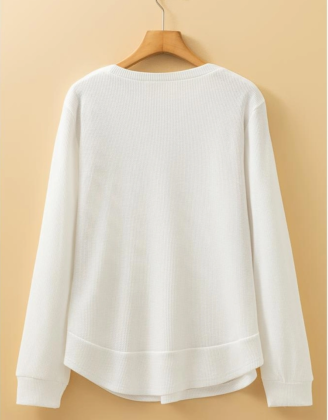 White Rounded Hem Waffle Long Sleeve Top