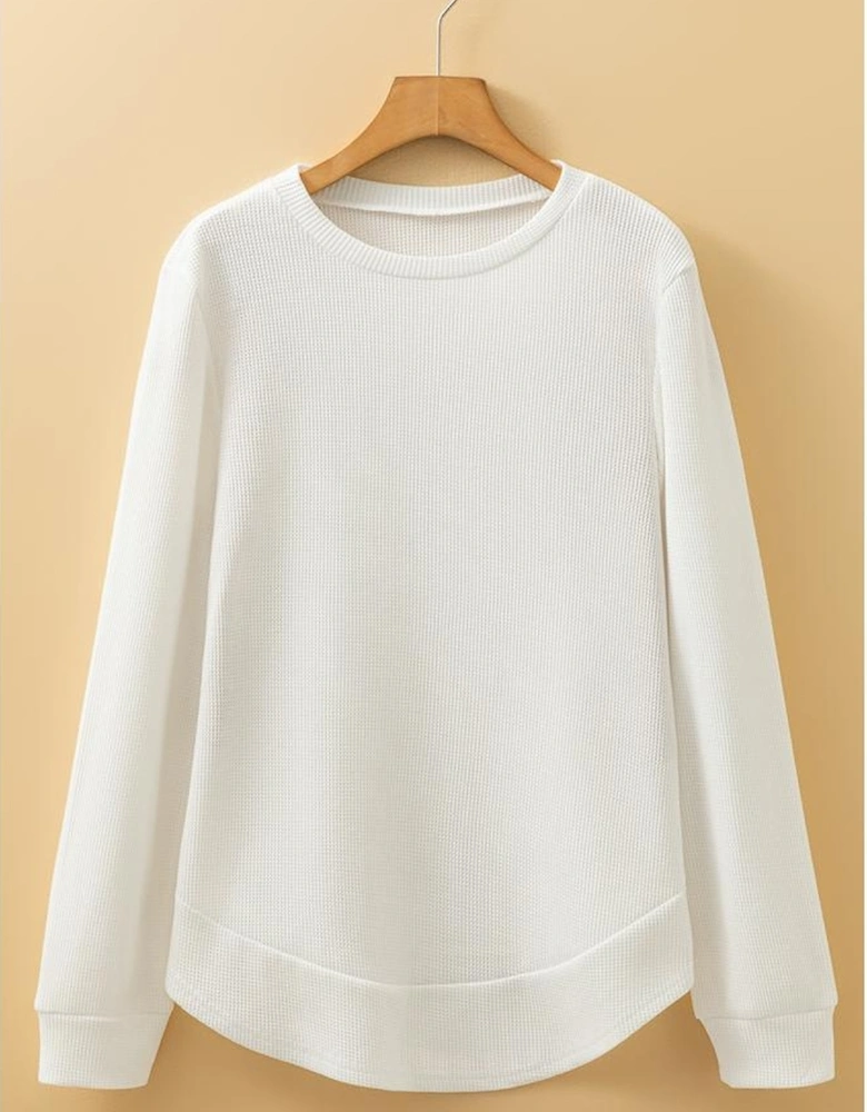 White Rounded Hem Waffle Long Sleeve Top
