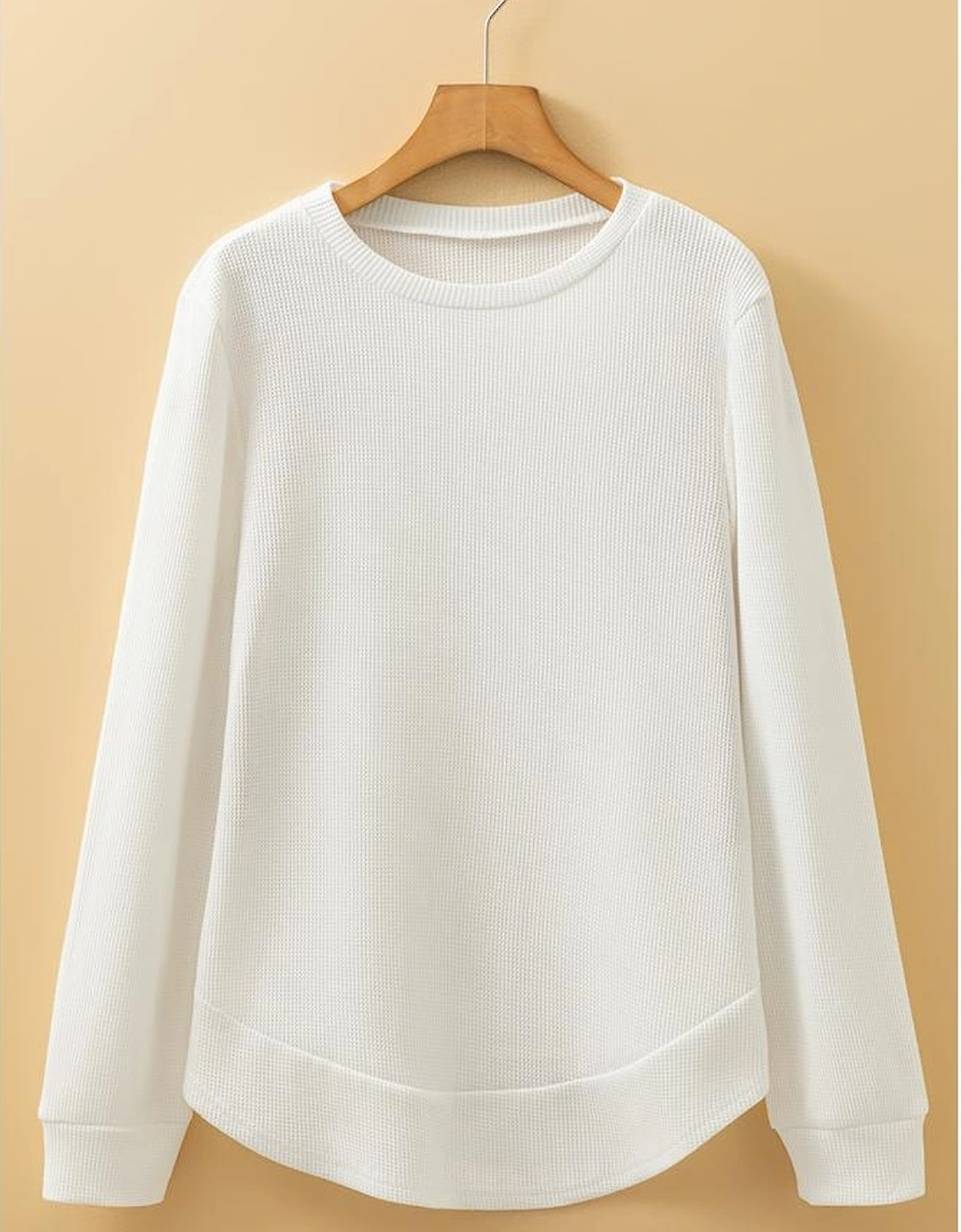 White Rounded Hem Waffle Long Sleeve Top