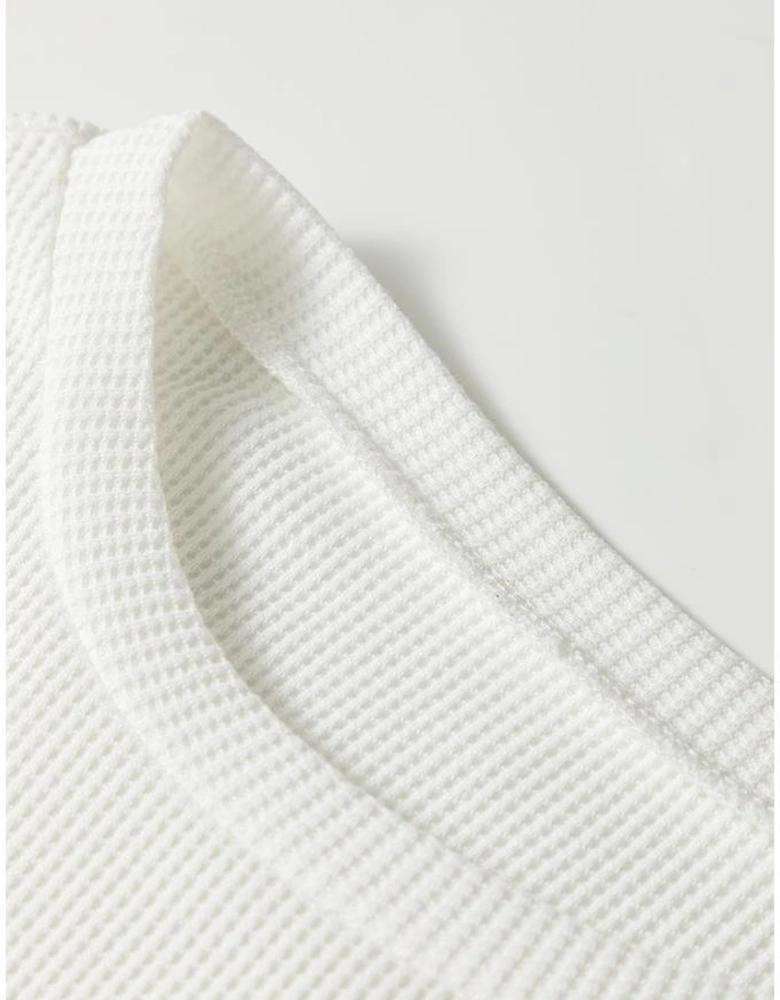White Rounded Hem Waffle Long Sleeve Top