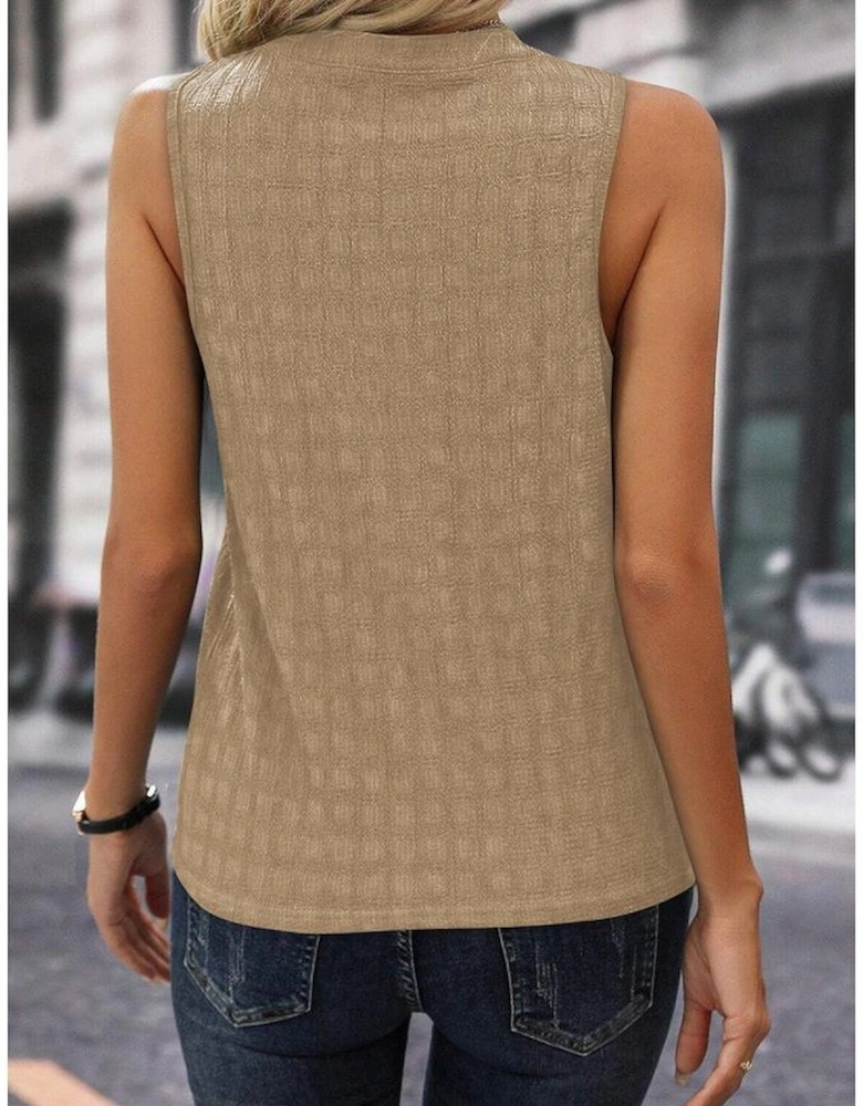 Light French Beige Lattice Textured Split Neck Tank Top