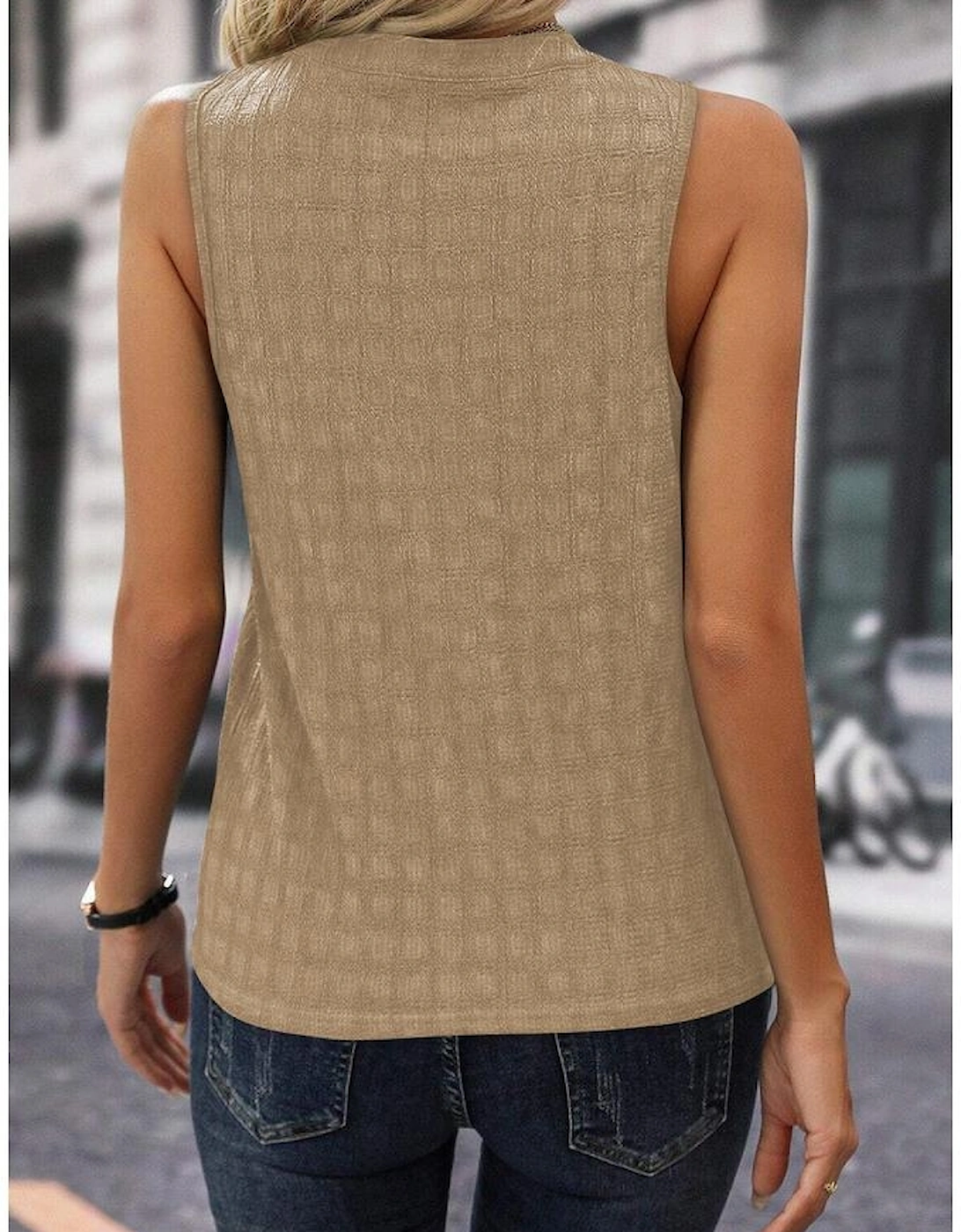 Light French Beige Lattice Textured Split Neck Tank Top, 10 of 9