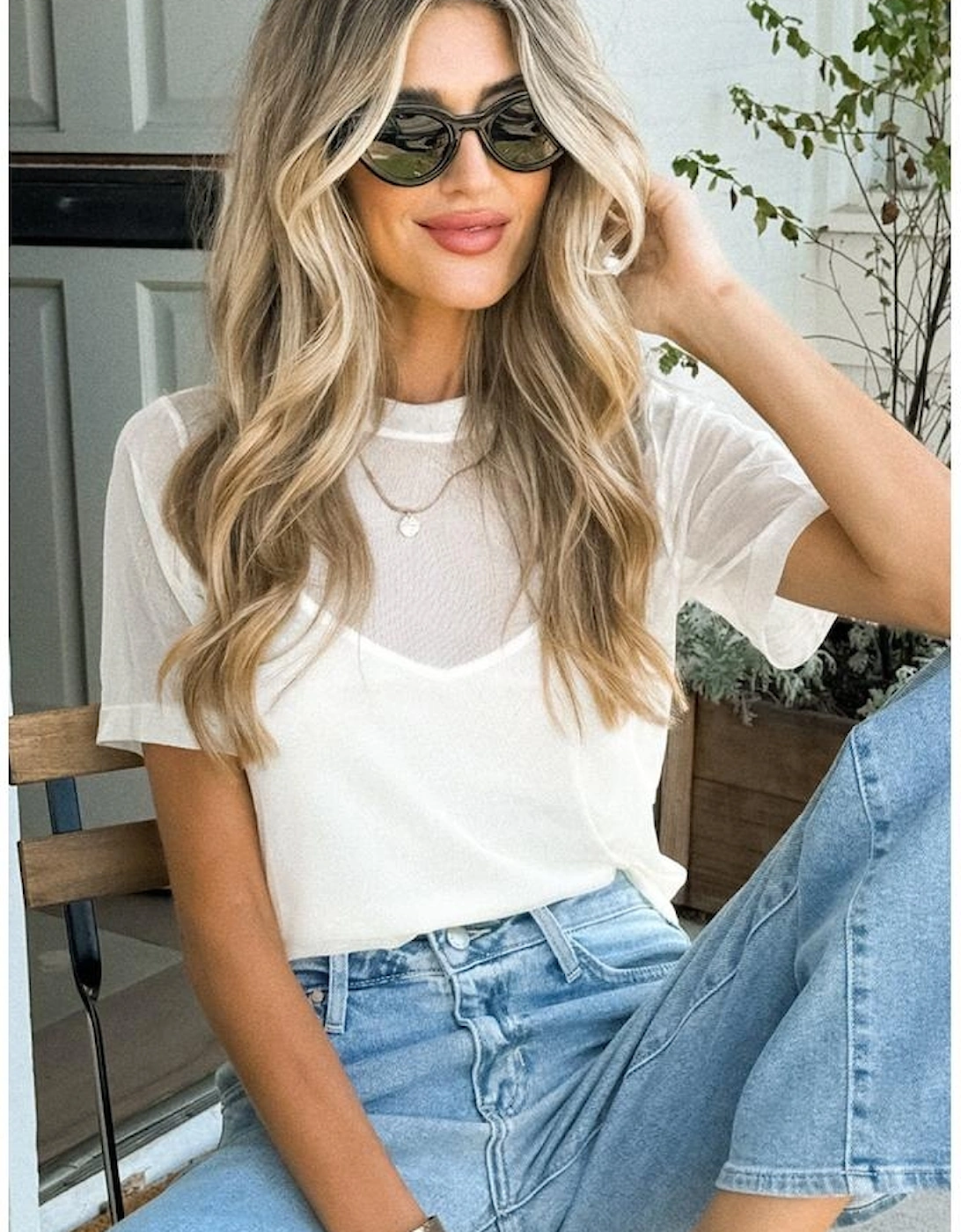 White Solid Color Sheer Mesh Patchwork Short Sleeve Top