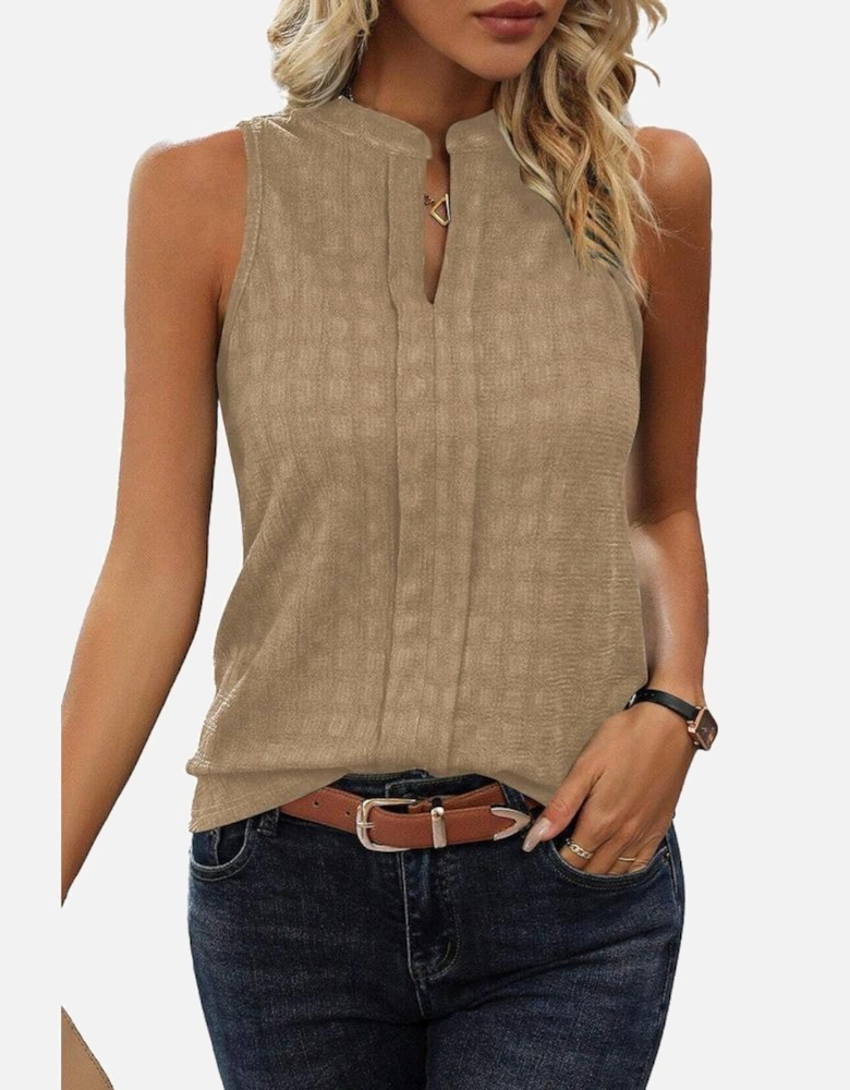 Light French Beige Lattice Textured Split Neck Tank Top