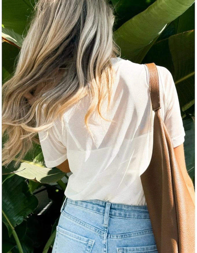 White Solid Color Sheer Mesh Patchwork Short Sleeve Top