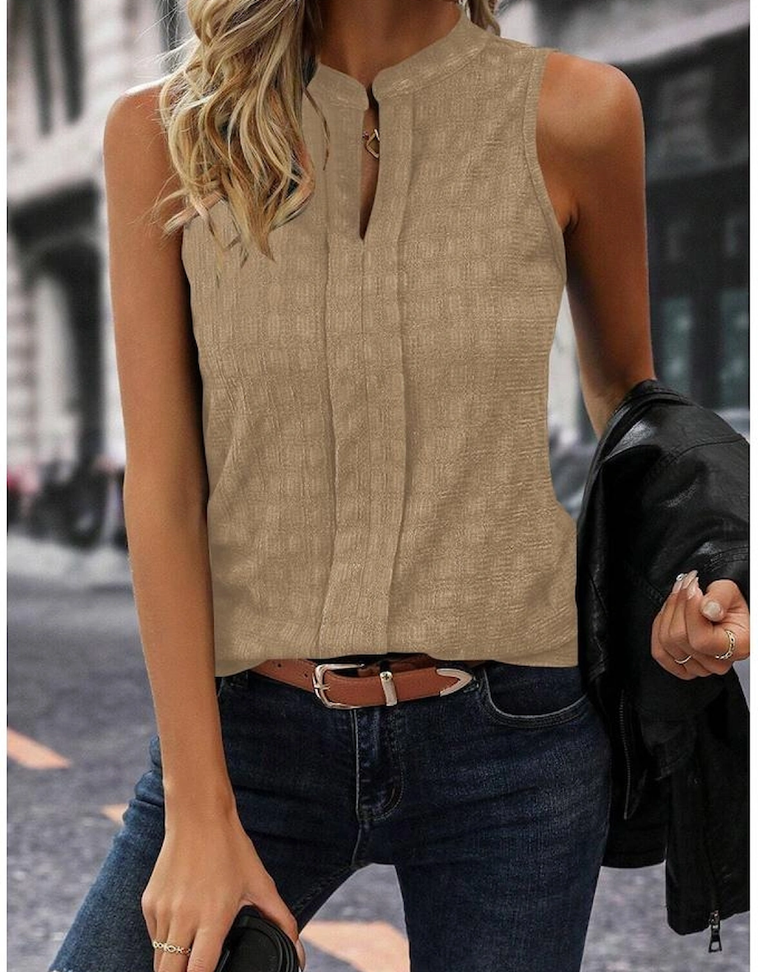 Light French Beige Lattice Textured Split Neck Tank Top