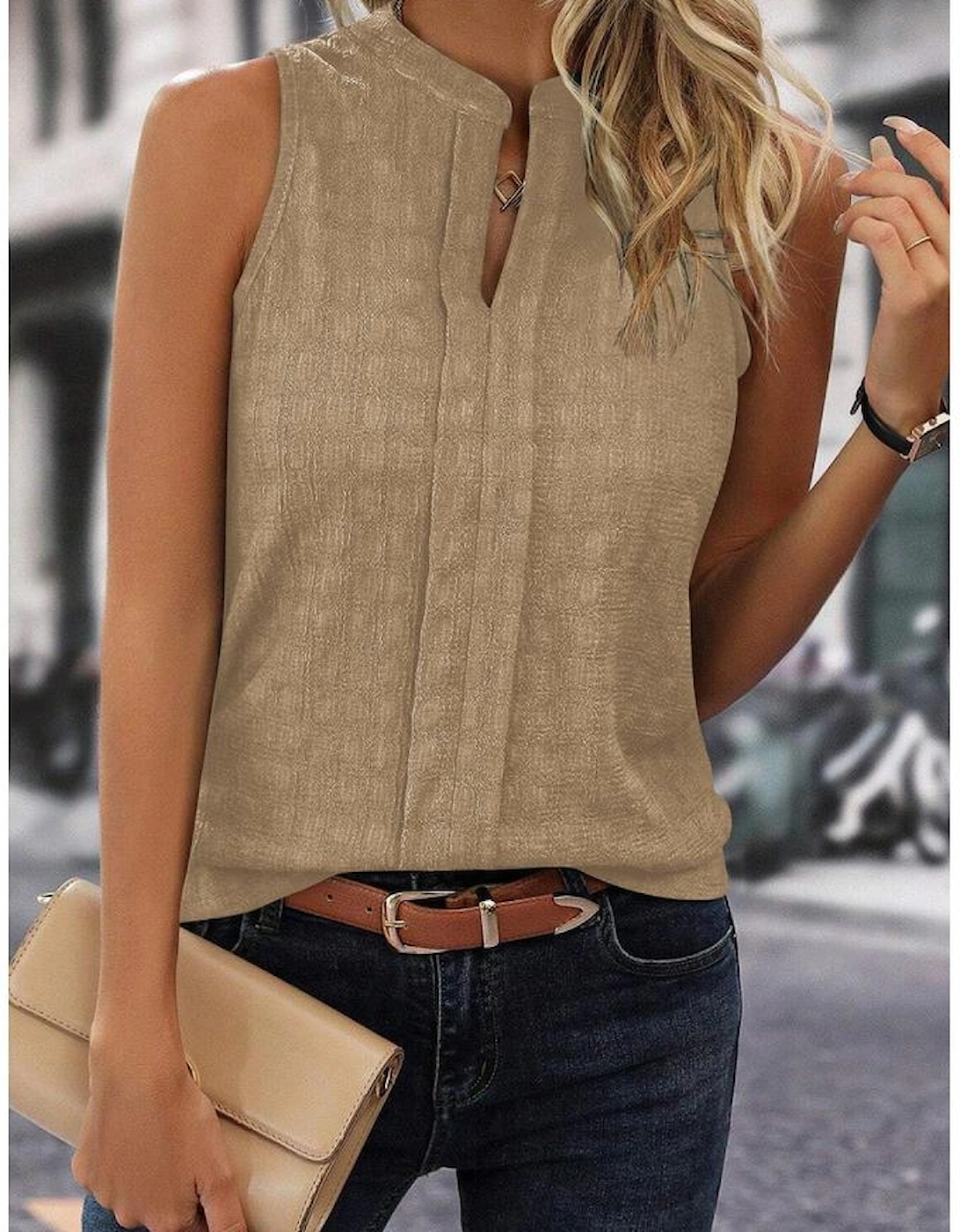 Light French Beige Lattice Textured Split Neck Tank Top
