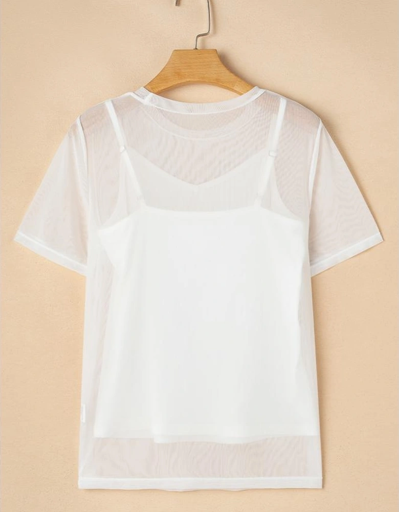 White Solid Color Sheer Mesh Patchwork Short Sleeve Top