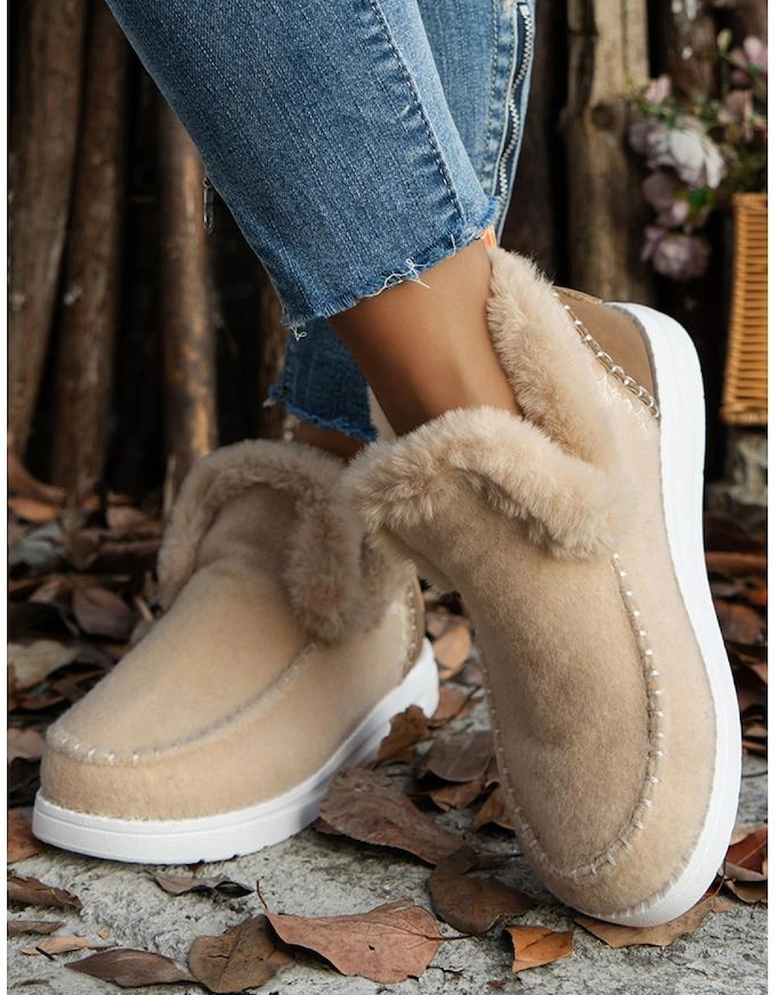 Beige Suede Stitching Patchwork Plush Lined Anklet Boots