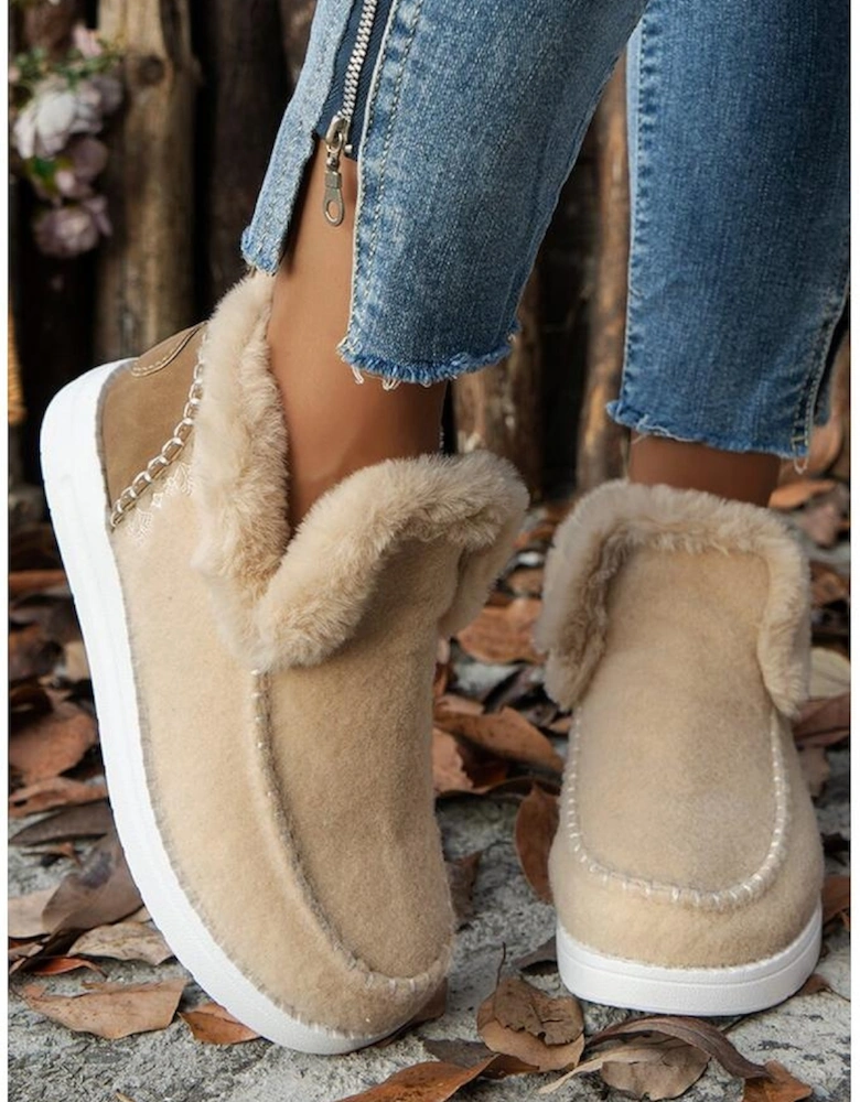 Beige Suede Stitching Patchwork Plush Lined Anklet Boots