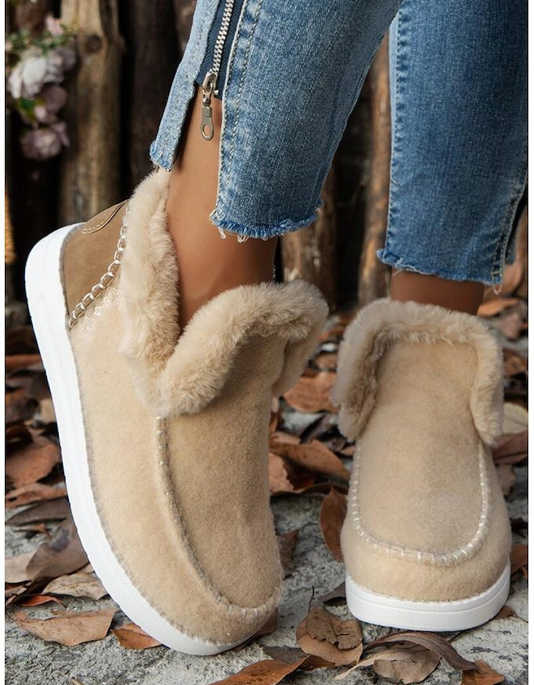 Beige Suede Stitching Patchwork Plush Lined Anklet Boots