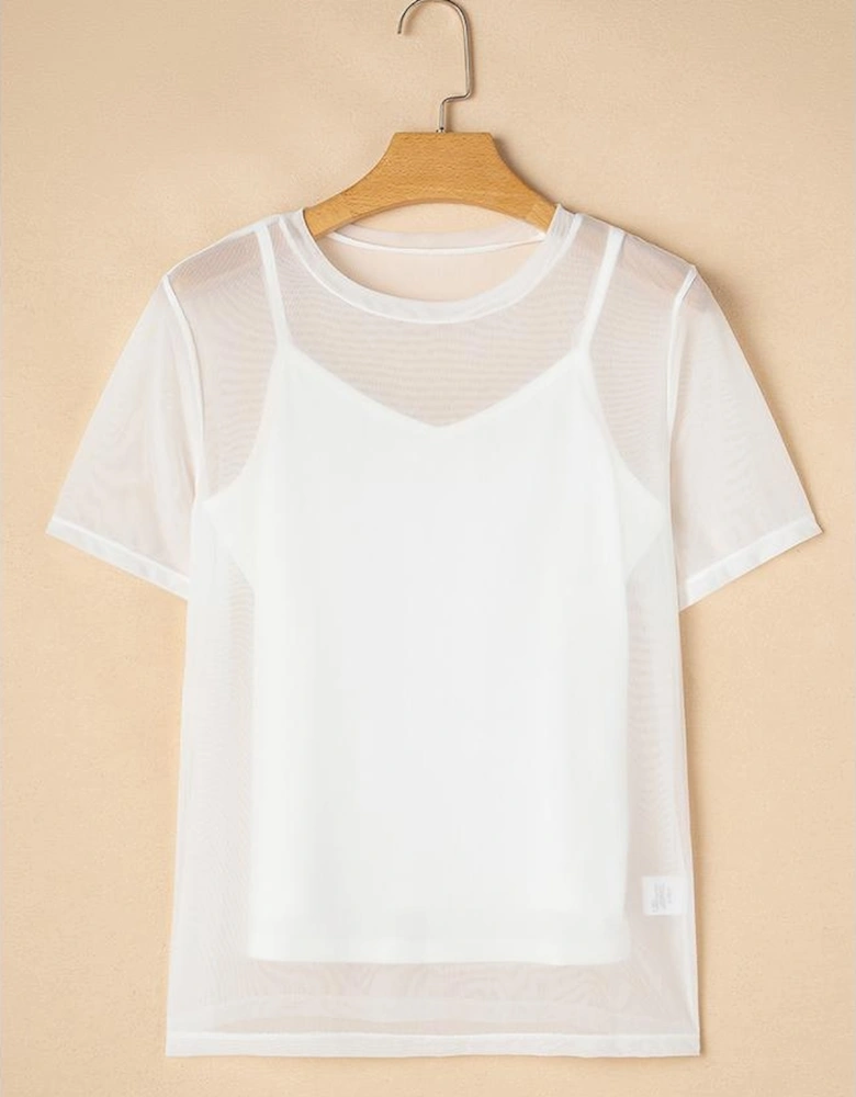 White Solid Color Sheer Mesh Patchwork Short Sleeve Top