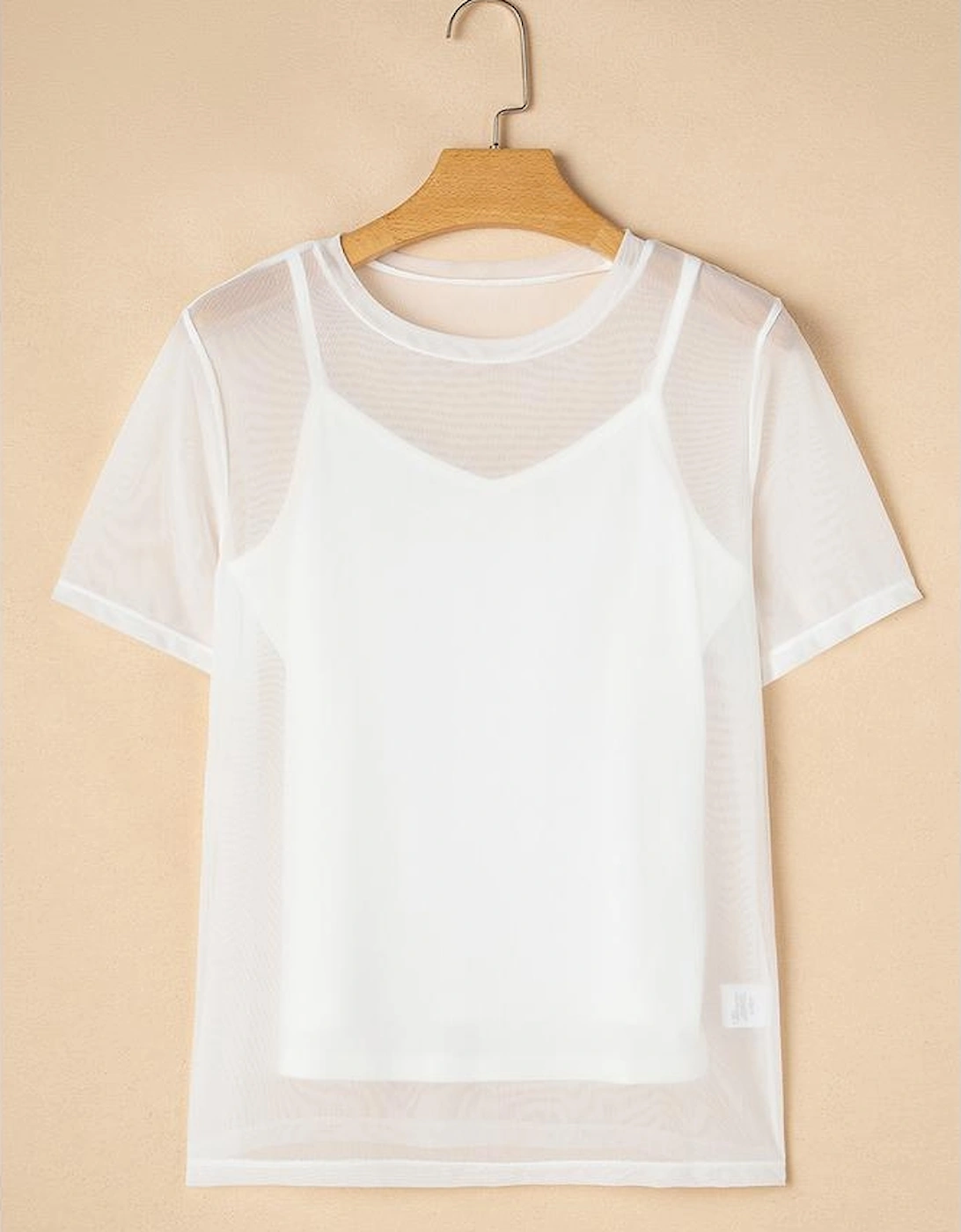 White Solid Color Sheer Mesh Patchwork Short Sleeve Top