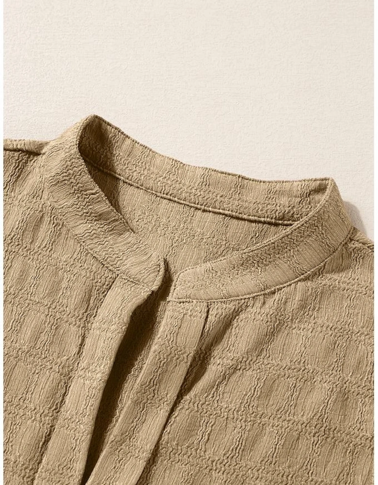 Light French Beige Lattice Textured Split Neck Tank Top