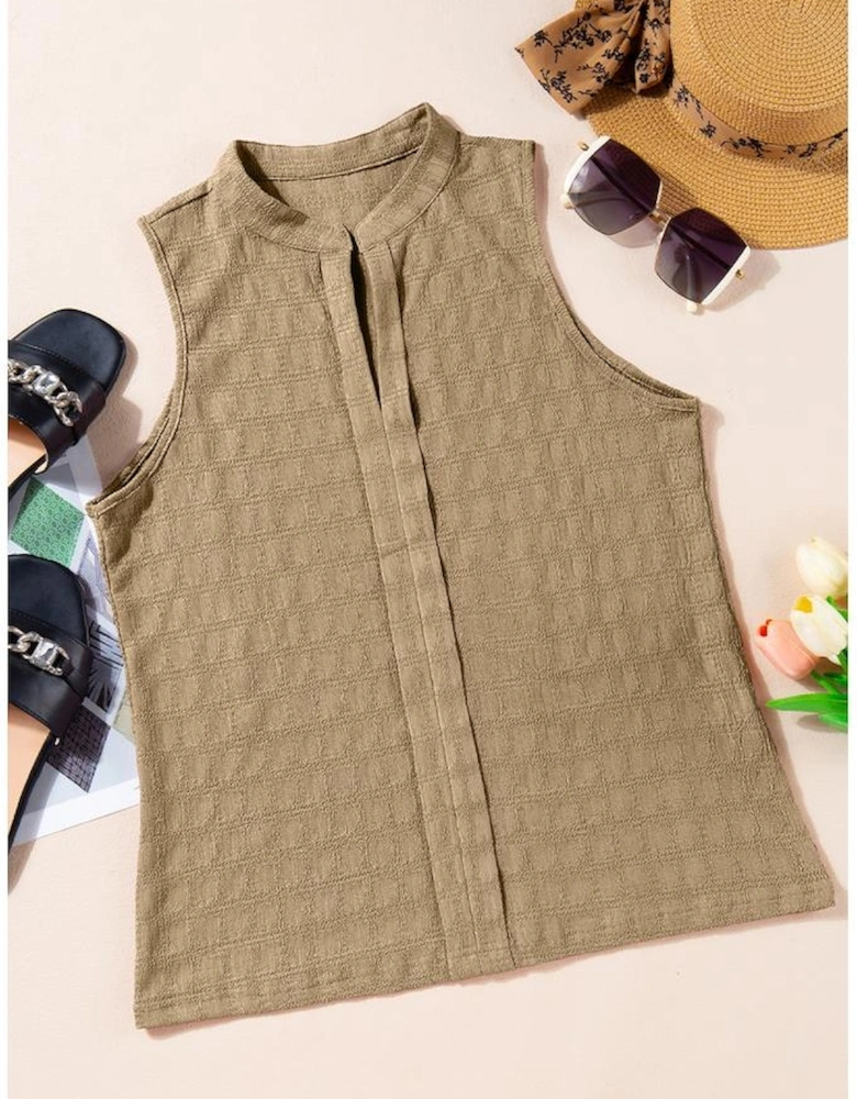 Light French Beige Lattice Textured Split Neck Tank Top