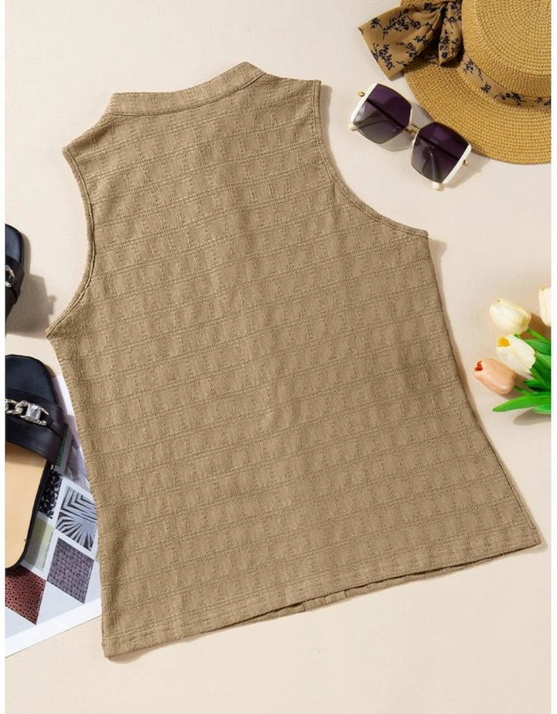Light French Beige Lattice Textured Split Neck Tank Top