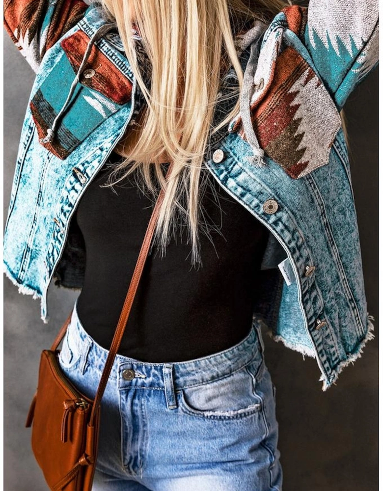 Multicolor Aztec Print Frayed Hem Denim Jacket
