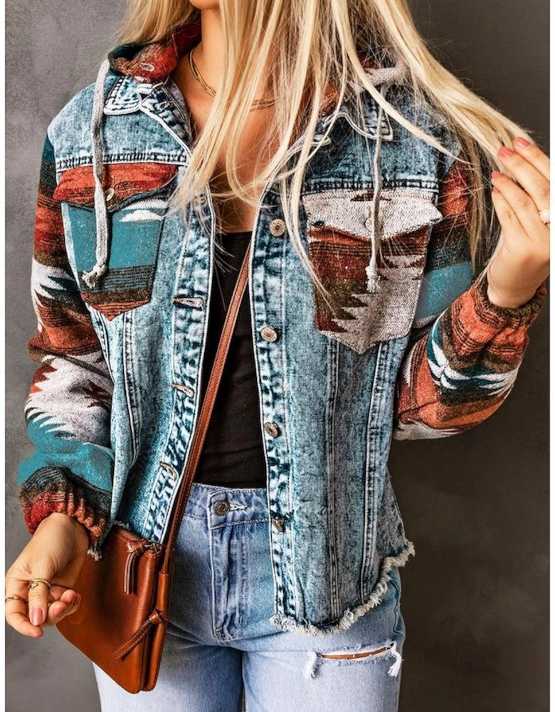 Multicolor Aztec Print Frayed Hem Denim Jacket