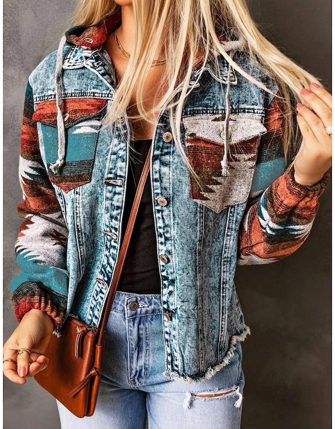 Multicolor Aztec Print Frayed Hem Denim Jacket