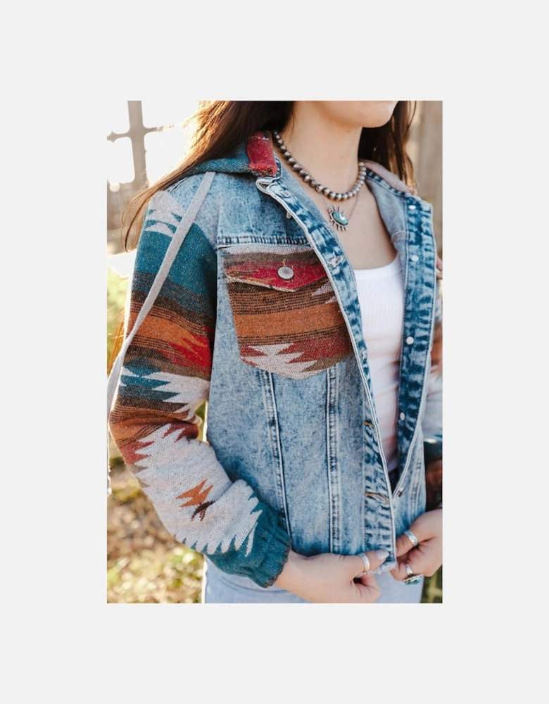 Multicolor Aztec Print Frayed Hem Denim Jacket