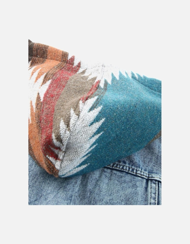 Multicolor Aztec Print Frayed Hem Denim Jacket