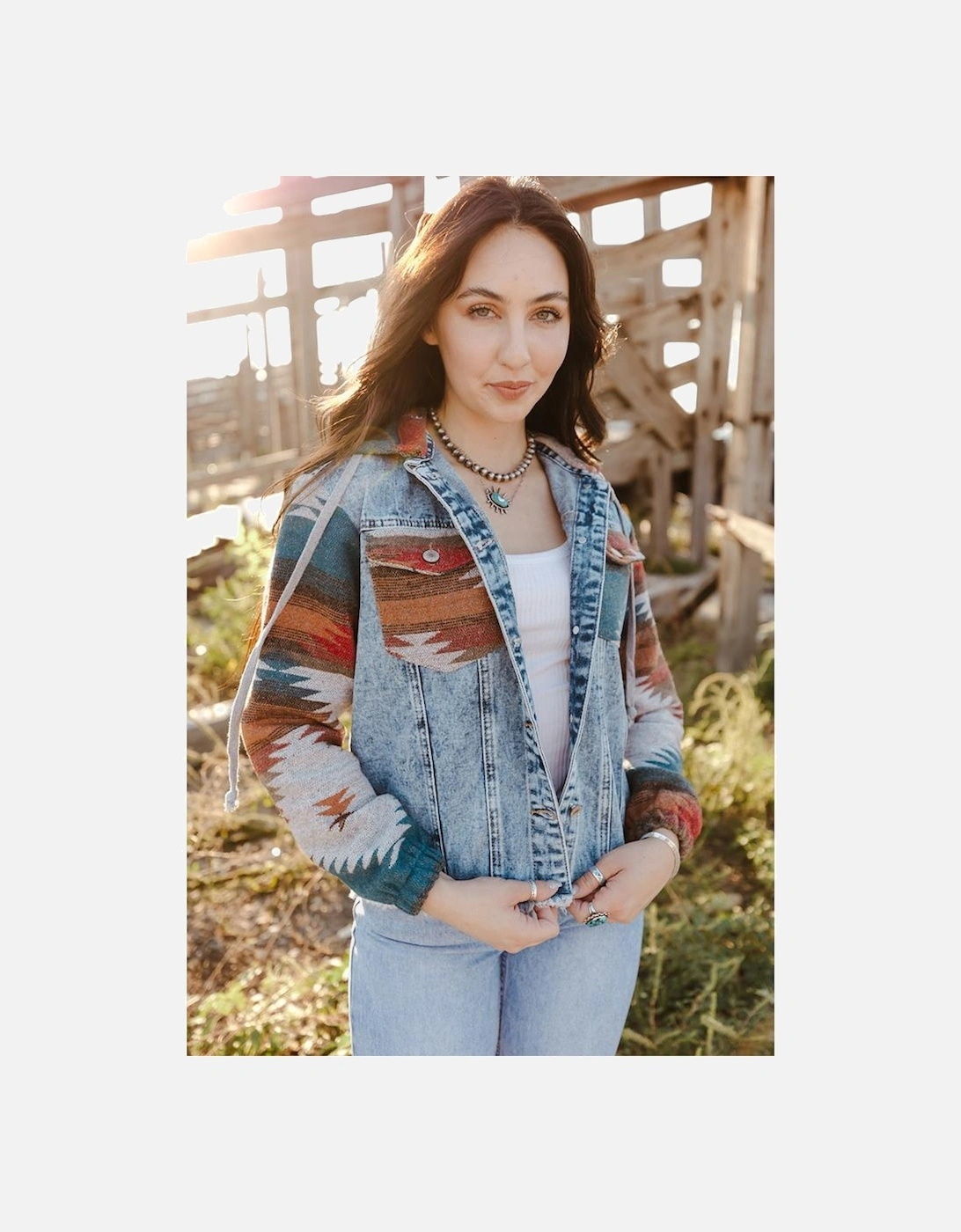 Multicolor Aztec Print Frayed Hem Denim Jacket