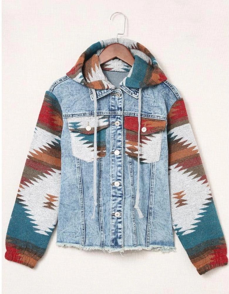 Multicolor Aztec Print Frayed Hem Denim Jacket
