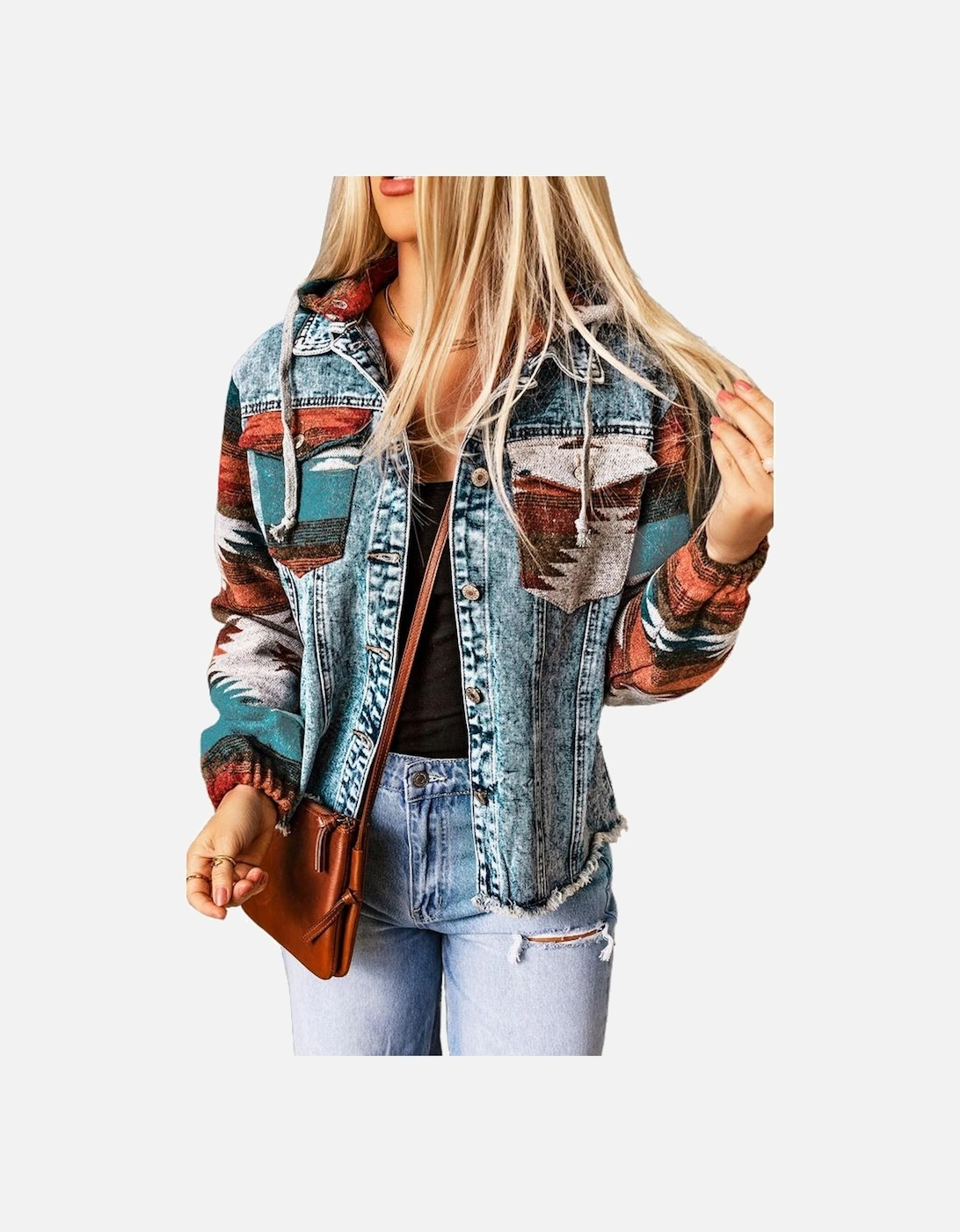 Multicolor Aztec Print Frayed Hem Denim Jacket