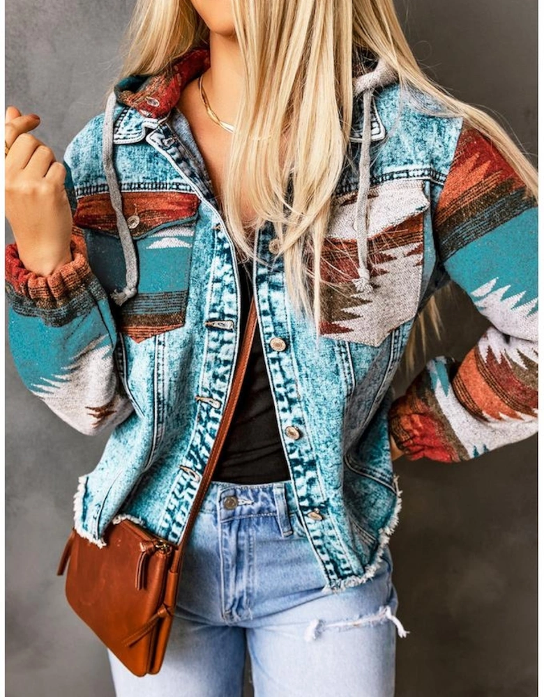Multicolor Aztec Print Frayed Hem Denim Jacket