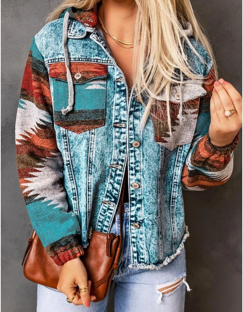 Multicolor Aztec Print Frayed Hem Denim Jacket