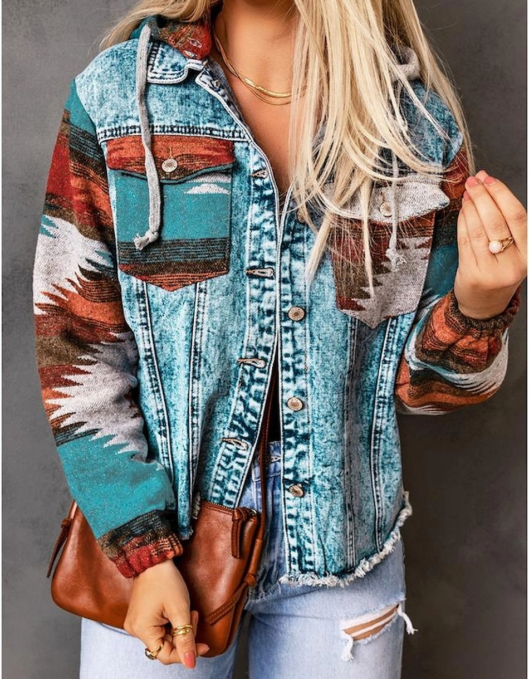 Multicolor Aztec Print Frayed Hem Denim Jacket