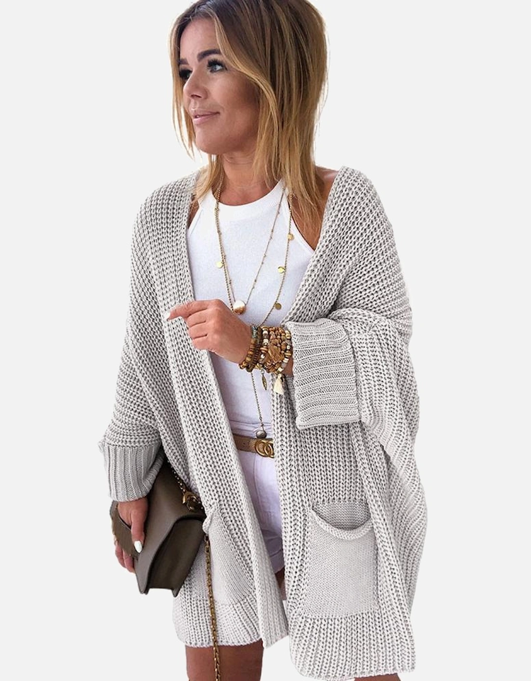 Gray Oversized Fold Over Sleeve Sweater Cardigan