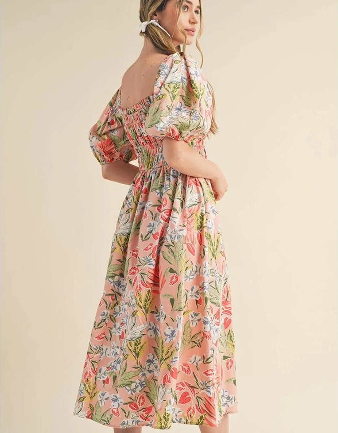 Apricot Pink Floral Smocked Bust Bubble Short Sleeve Maxi Dress, 15 of 14