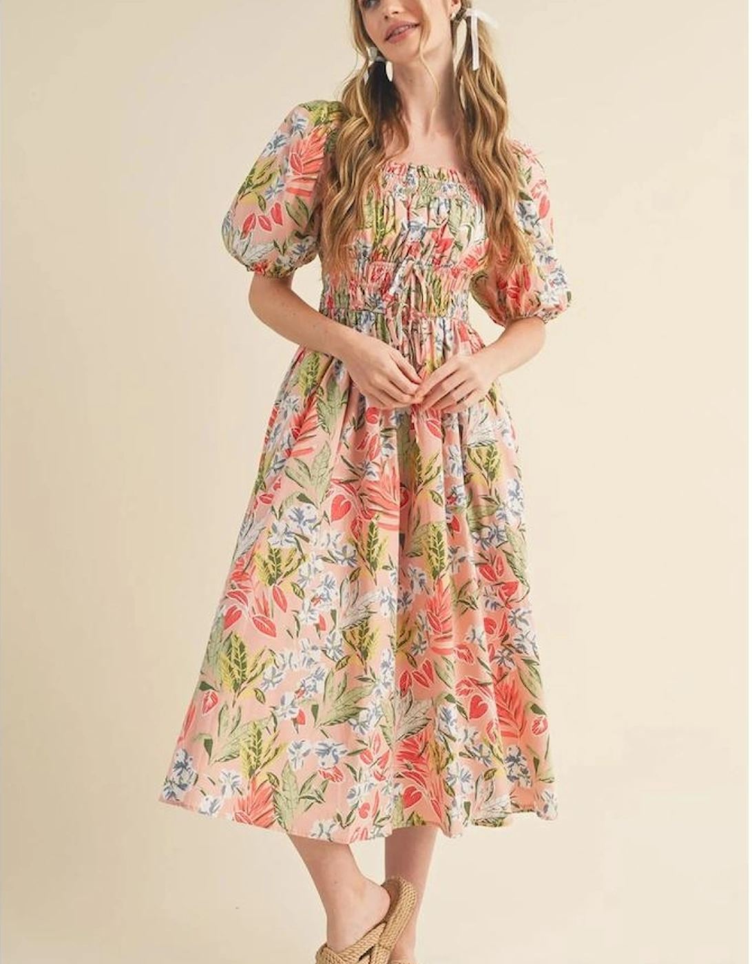 Apricot Pink Floral Smocked Bust Bubble Short Sleeve Maxi Dress