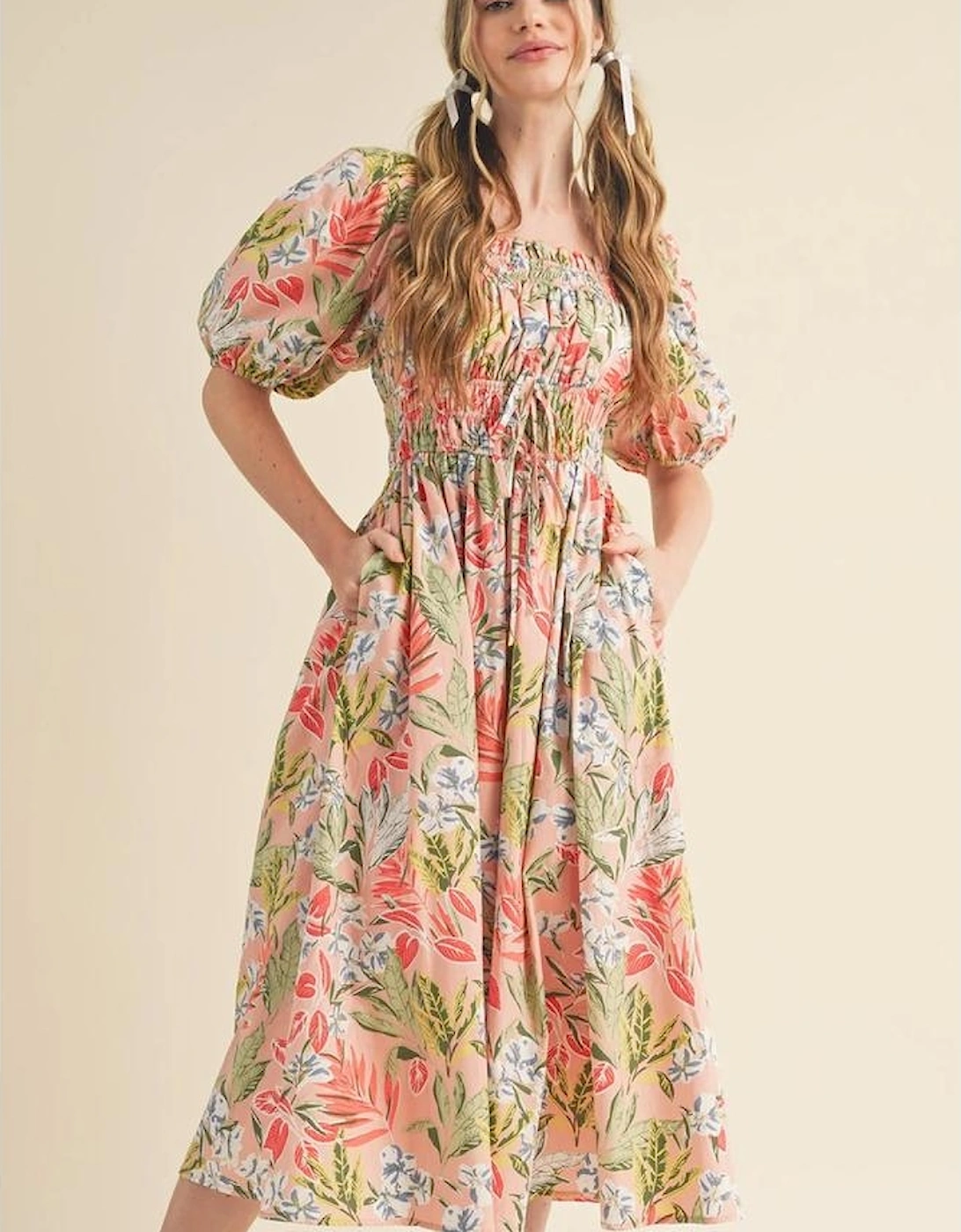 Apricot Pink Floral Smocked Bust Bubble Short Sleeve Maxi Dress