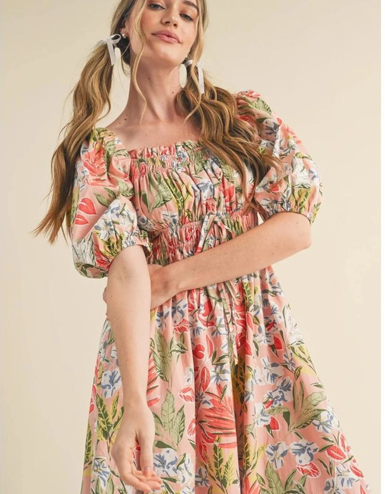 Apricot Pink Floral Smocked Bust Bubble Short Sleeve Maxi Dress