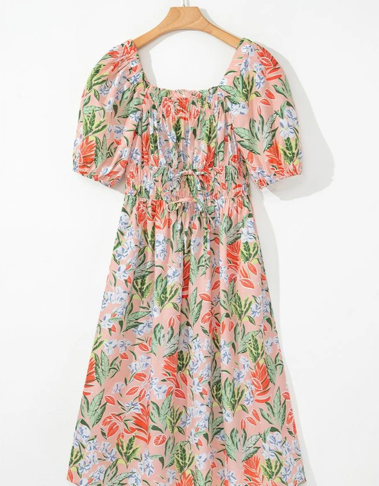 Apricot Pink Floral Smocked Bust Bubble Short Sleeve Maxi Dress