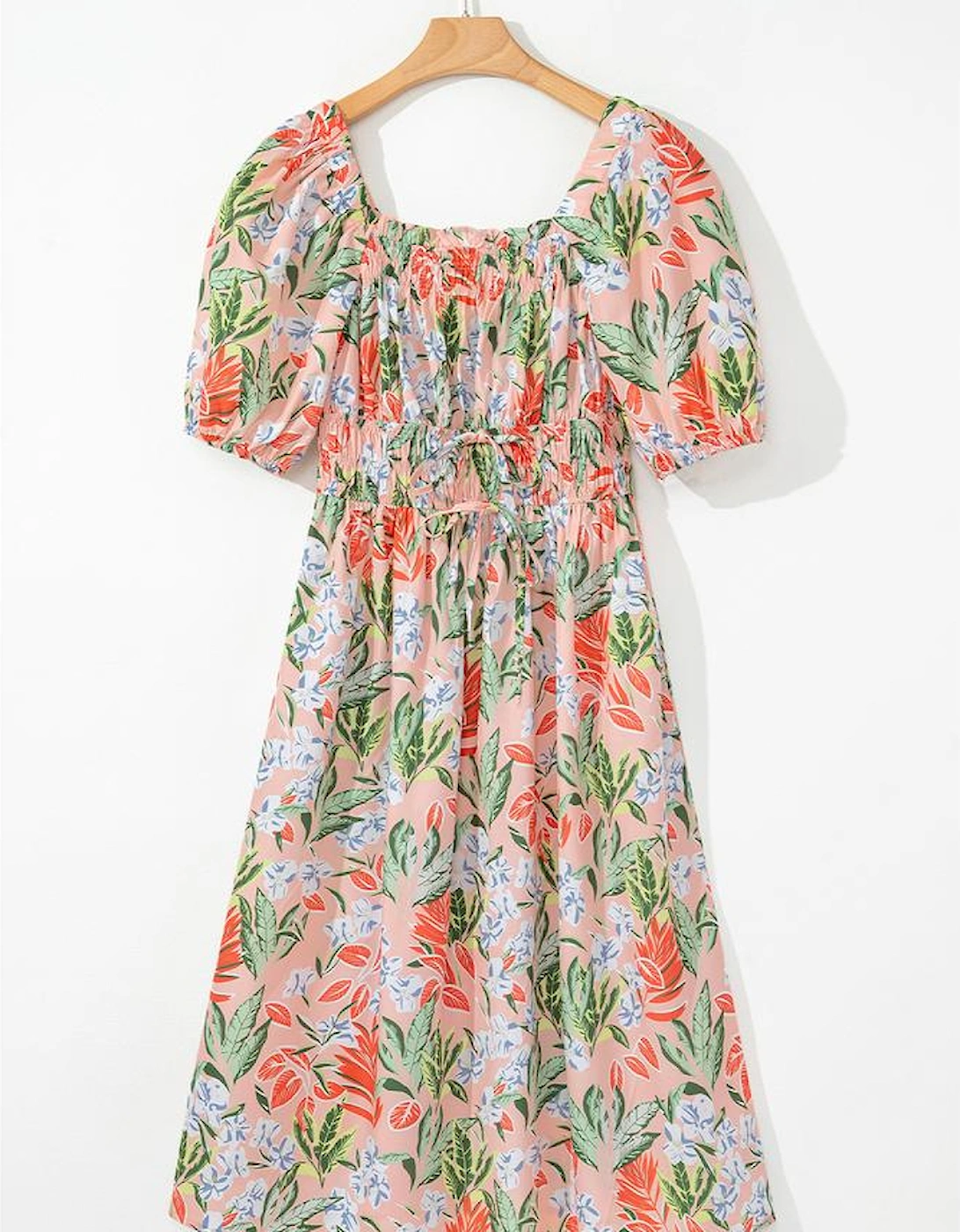 Apricot Pink Floral Smocked Bust Bubble Short Sleeve Maxi Dress