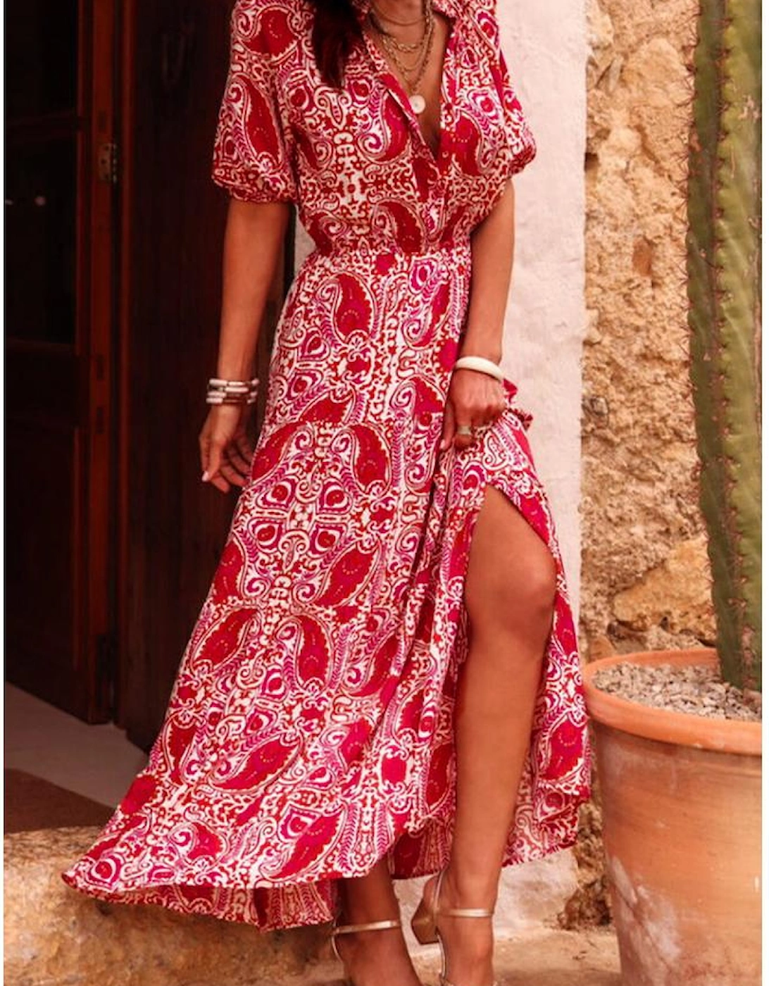 Red Paisley Print Side Slit Puff Sleeve High Waist Maxi Dress
